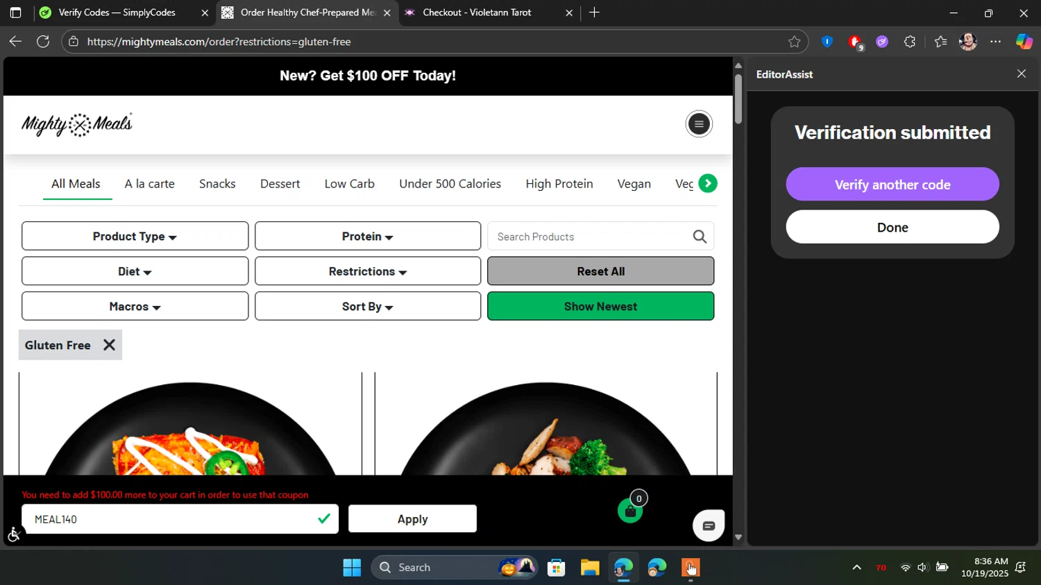 MightyMeals discount code screenshot showing code MEAL140 applied at MightyMeals checkout page. Uploaded by SimplyCodes community member Blackleg_Sanji on Oct 19, 2025