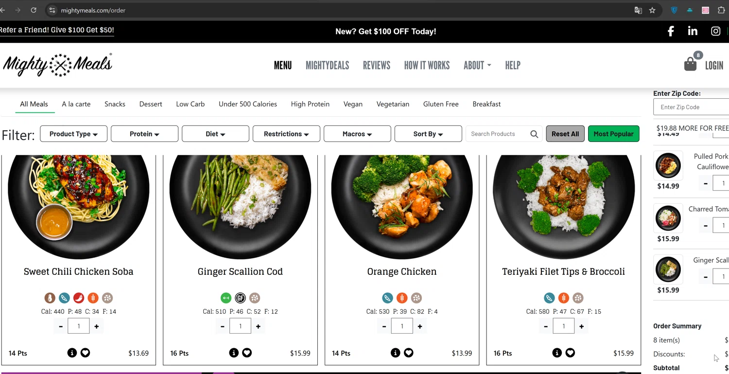 MightyMeals discount code screenshot showing code MEAL140 applied at MightyMeals checkout page. Uploaded by SimplyCodes community member ValiantTiger4704 on Mar 31, 2025