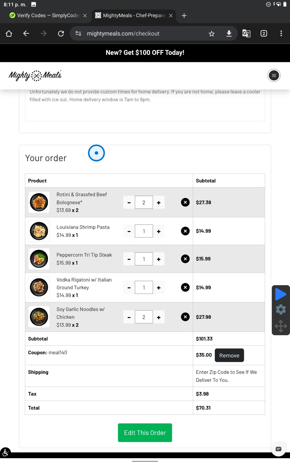 MightyMeals discount code screenshot showing code MEAL140 applied at MightyMeals checkout page. Uploaded by SimplyCodes community member SmartWhiz9028 on Apr 3, 2025