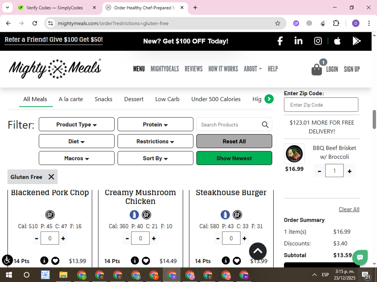 MightyMeals checkout page showing MightyMeals discount code box | Screenshot taken by SimplyCodes community member on Dec 23, 2025