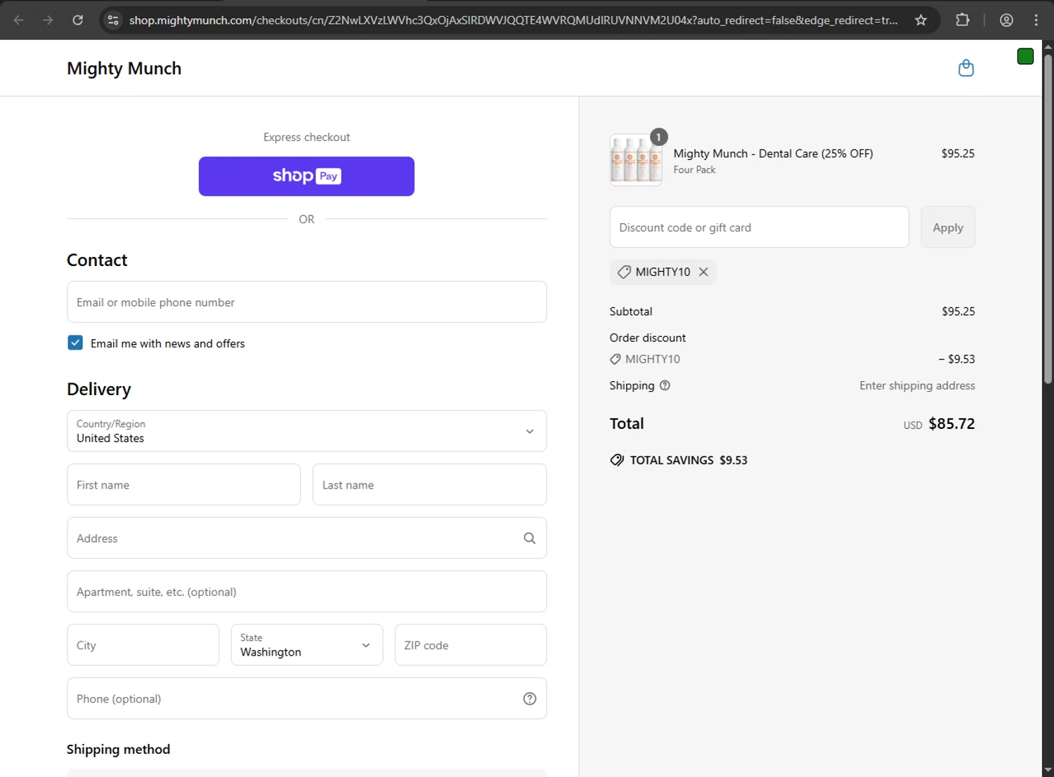 Mighty Munch discount code screenshot showing code MIGHTY10 applied at Mighty Munch checkout page. Uploaded by SimplyCodes community member megagei on May 4, 2025