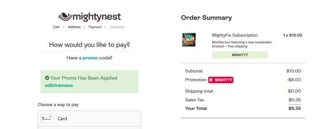 MightyNest checkout page showing MightyNest promo code box | Screenshot taken by SimplyCodes community member on Feb 22, 2025