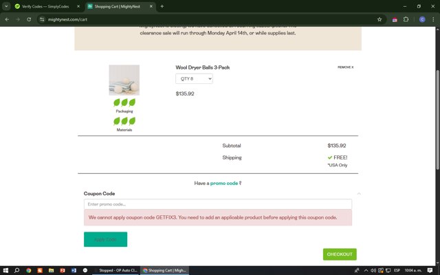 MightyNest checkout page showing MightyNest promo code box | Screenshot taken by SimplyCodes community member on Apr 14, 2025