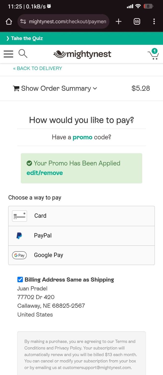MightyNest checkout page showing MightyNest promo code box | Screenshot taken by SimplyCodes community member on Feb 27, 2025