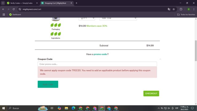 MightyNest checkout page showing MightyNest promo code box | Screenshot taken by SimplyCodes community member on Feb 27, 2025
