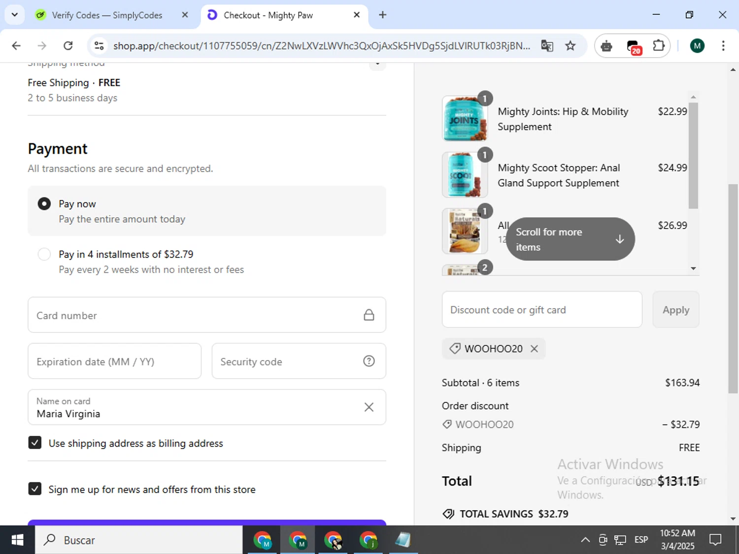 Mighty Paw coupon code screenshot showing code WOOHOO20 applied at Mighty Paw checkout page. Uploaded by SimplyCodes community member Jorgeluisvera on Mar 4, 2025