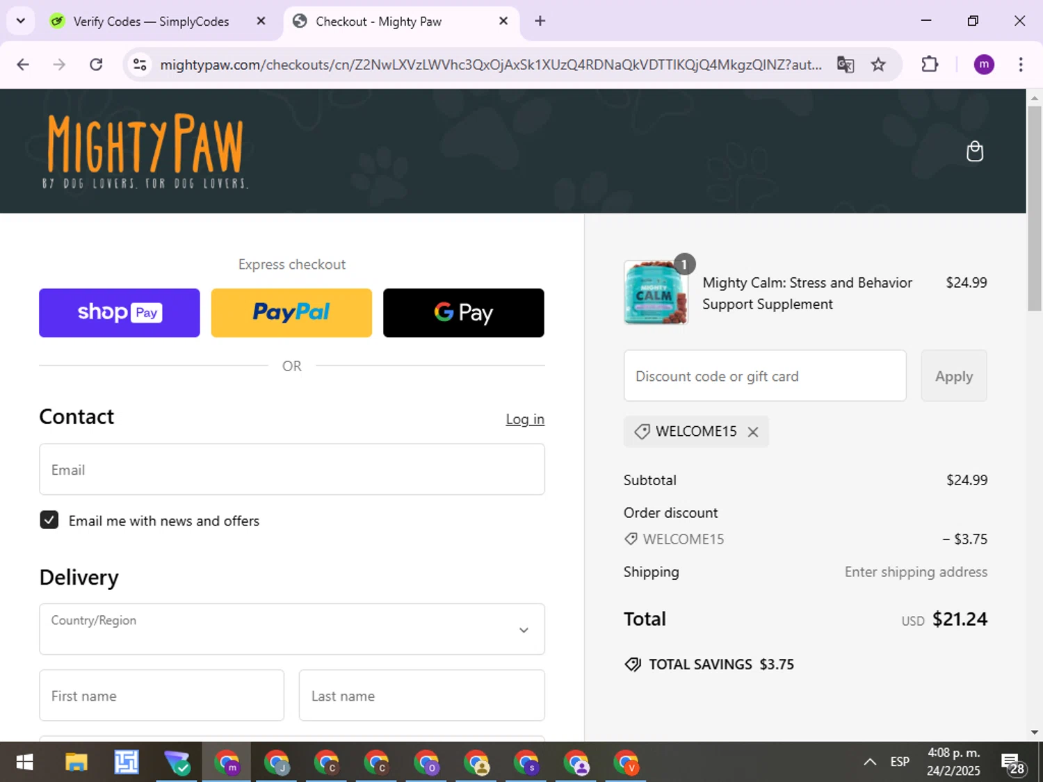 Mighty Paw coupon code screenshot showing code WELCOME15 applied at Mighty Paw checkout page. Uploaded by SimplyCodes community member JeffDiaz on Feb 24, 2025