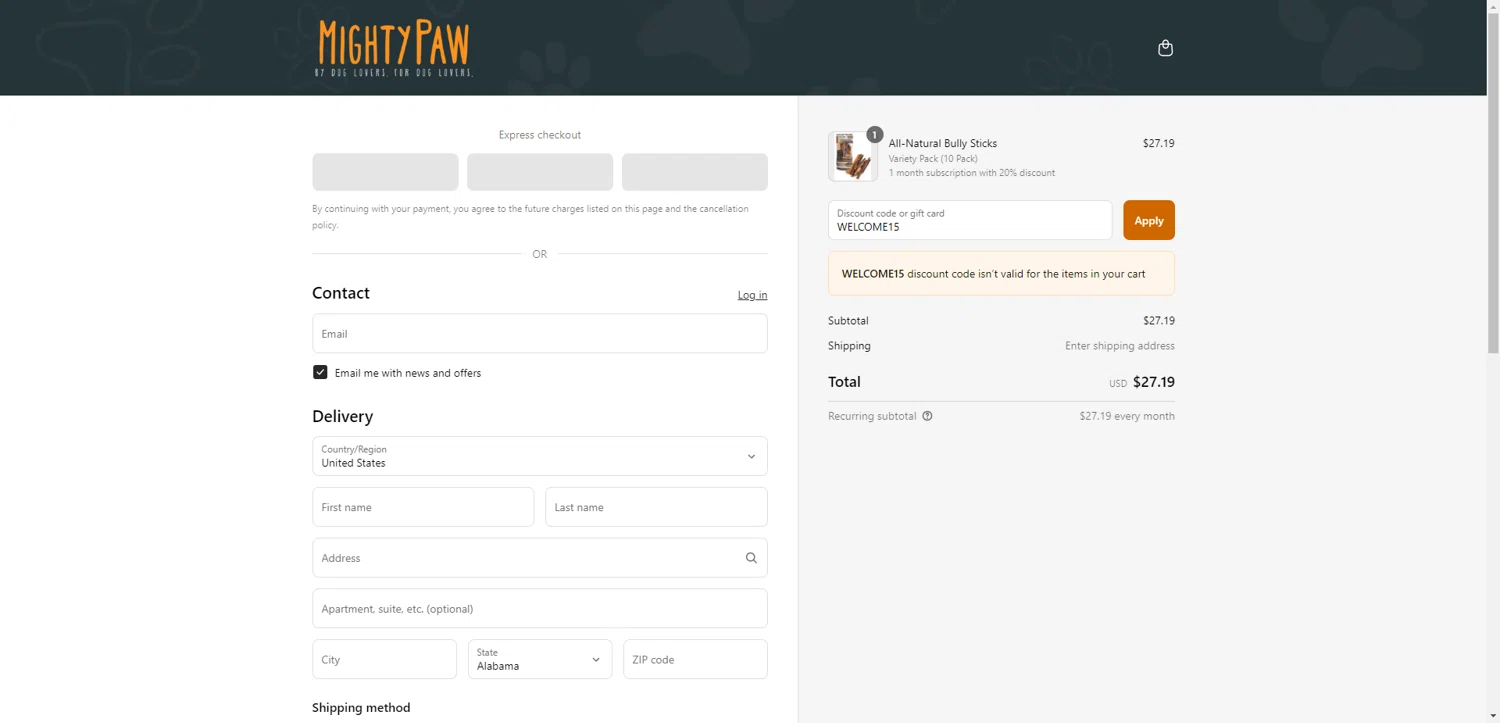 Mighty Paw coupon code screenshot showing code WELCOME15 applied at Mighty Paw checkout page. Uploaded by SimplyCodes community member RewardTitan728 on Jun 20, 2025