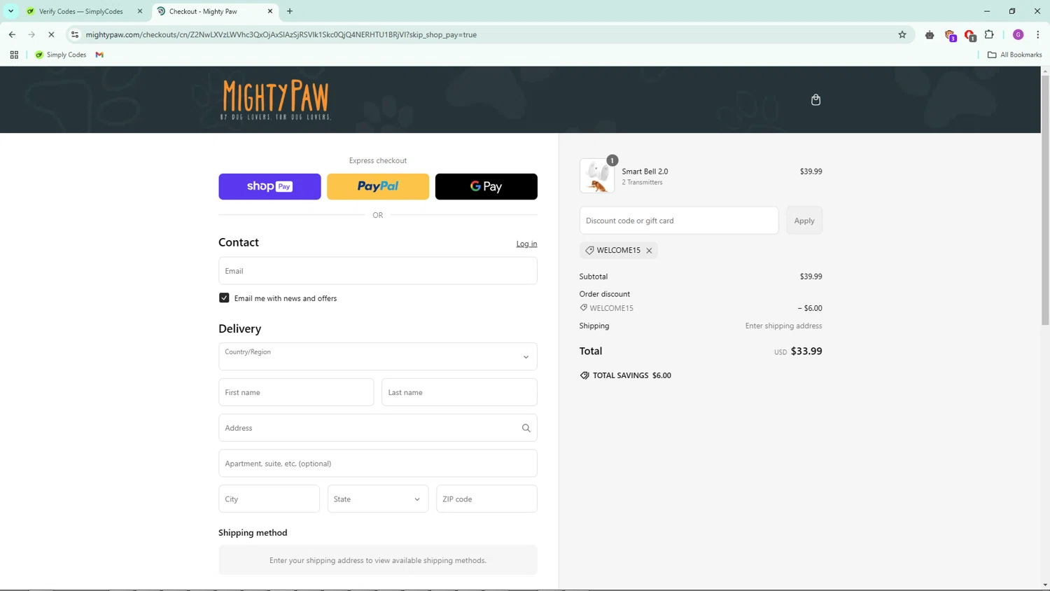 Mighty Paw coupon code screenshot showing code WELCOME15 applied at Mighty Paw checkout page. Uploaded by SimplyCodes community member WiseWarden6423 on Mar 11, 2025
