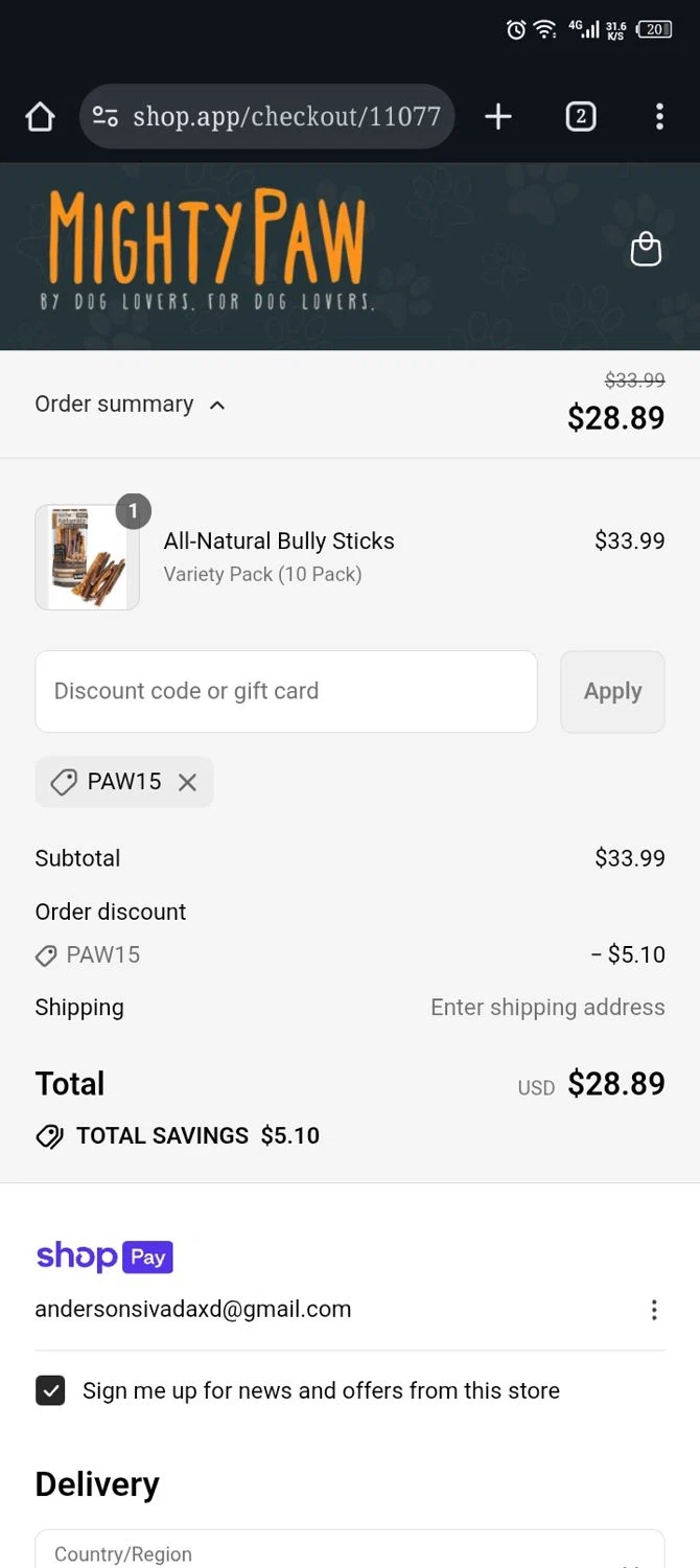 Mighty Paw coupon code screenshot showing code PAW15 applied at Mighty Paw checkout page. Uploaded by SimplyCodes community member Xx_Cogeburras3000_xX on Jul 12, 2025