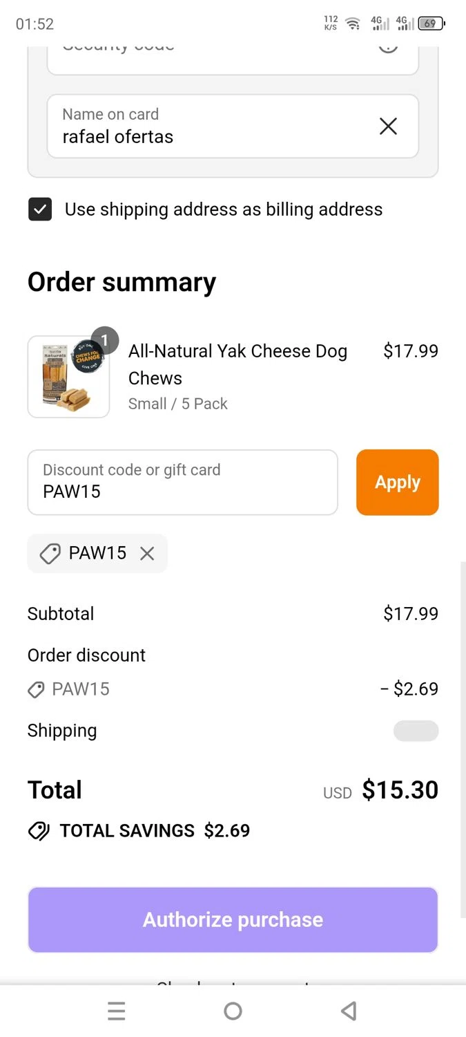 Mighty Paw coupon code screenshot showing code PAW15 applied at Mighty Paw checkout page. Uploaded by SimplyCodes community member dayselis15 on Sep 15, 2025