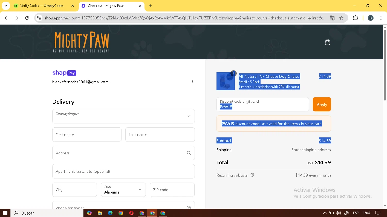 Mighty Paw coupon code screenshot showing code PAW15 applied at Mighty Paw checkout page. Uploaded by SimplyCodes community member miah1010 on Jul 12, 2025
