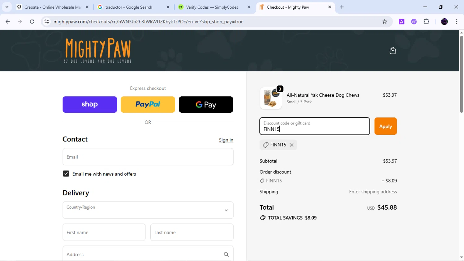 Mighty Paw coupon code screenshot showing code FINN15 applied at Mighty Paw checkout page. Uploaded by SimplyCodes community member BudgetMaven6078 on Sep 23, 2025