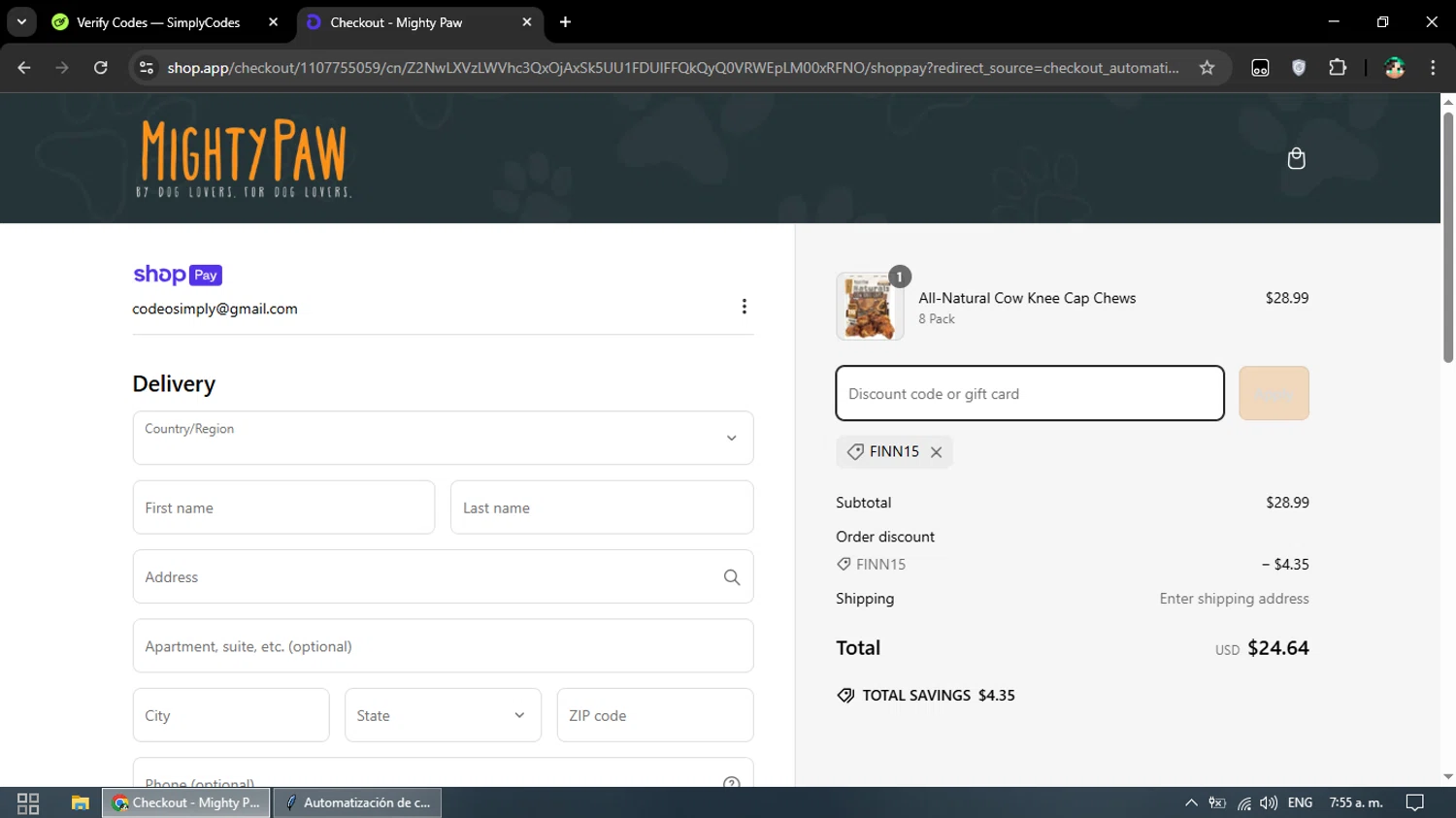 Mighty Paw coupon code screenshot showing code FINN15 applied at Mighty Paw checkout page. Uploaded by SimplyCodes community member franalepe on Mar 8, 2025