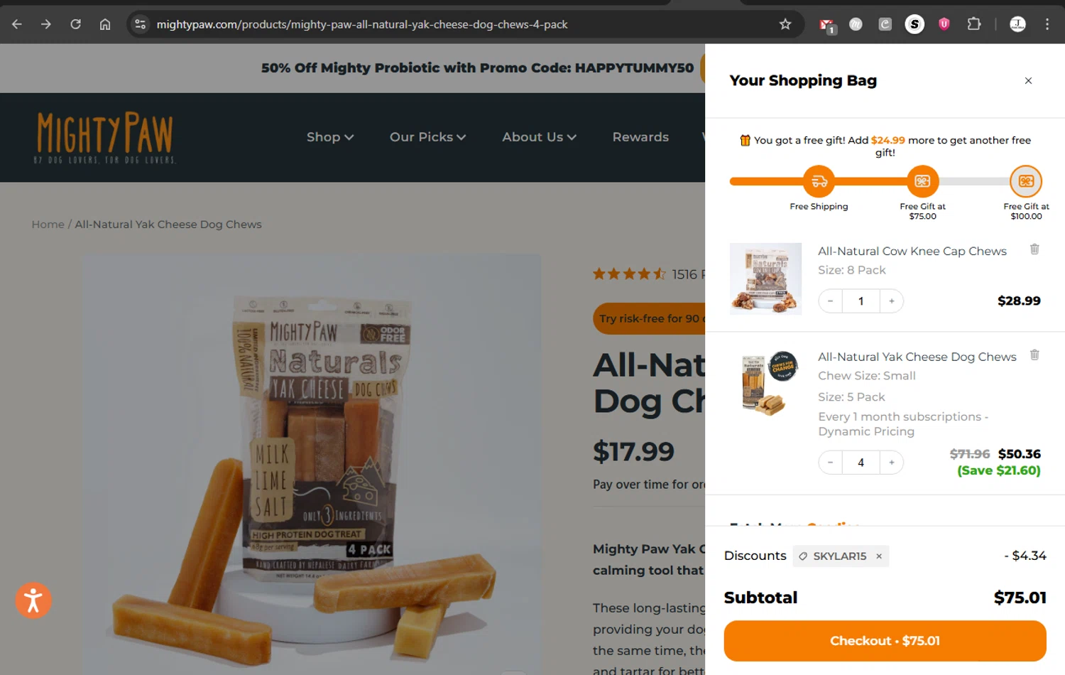 Mighty Paw coupon code screenshot showing code SKYLAR15 applied at Mighty Paw checkout page. Uploaded by SimplyCodes community member couponcheck02 on Sep 6, 2025