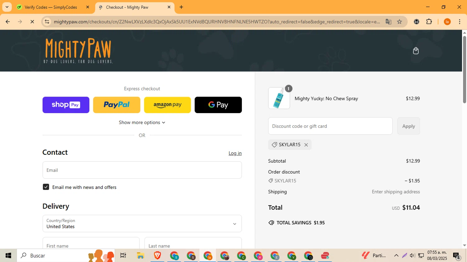 Mighty Paw coupon code screenshot showing code SKYLAR15 applied at Mighty Paw checkout page. Uploaded by SimplyCodes community member LegendaryFox4384 on Mar 8, 2025