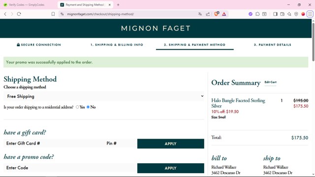 Mignon Faget checkout page showing Mignon Faget promo code box | Screenshot taken by SimplyCodes community member on Aug 22, 2025