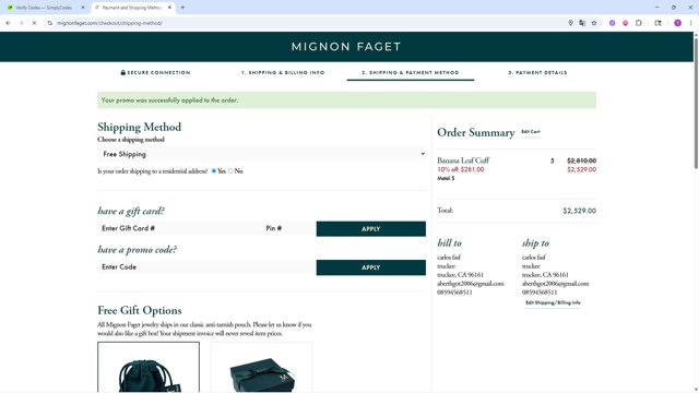 Mignon Faget checkout page showing Mignon Faget promo code box | Screenshot taken by SimplyCodes community member on Aug 31, 2025