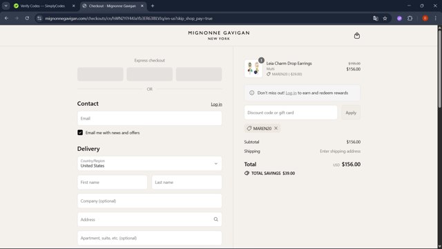 Mignonne Gavigan checkout page showing Mignonne Gavigan promo code box | Screenshot taken by SimplyCodes community member on Sep 3, 2025