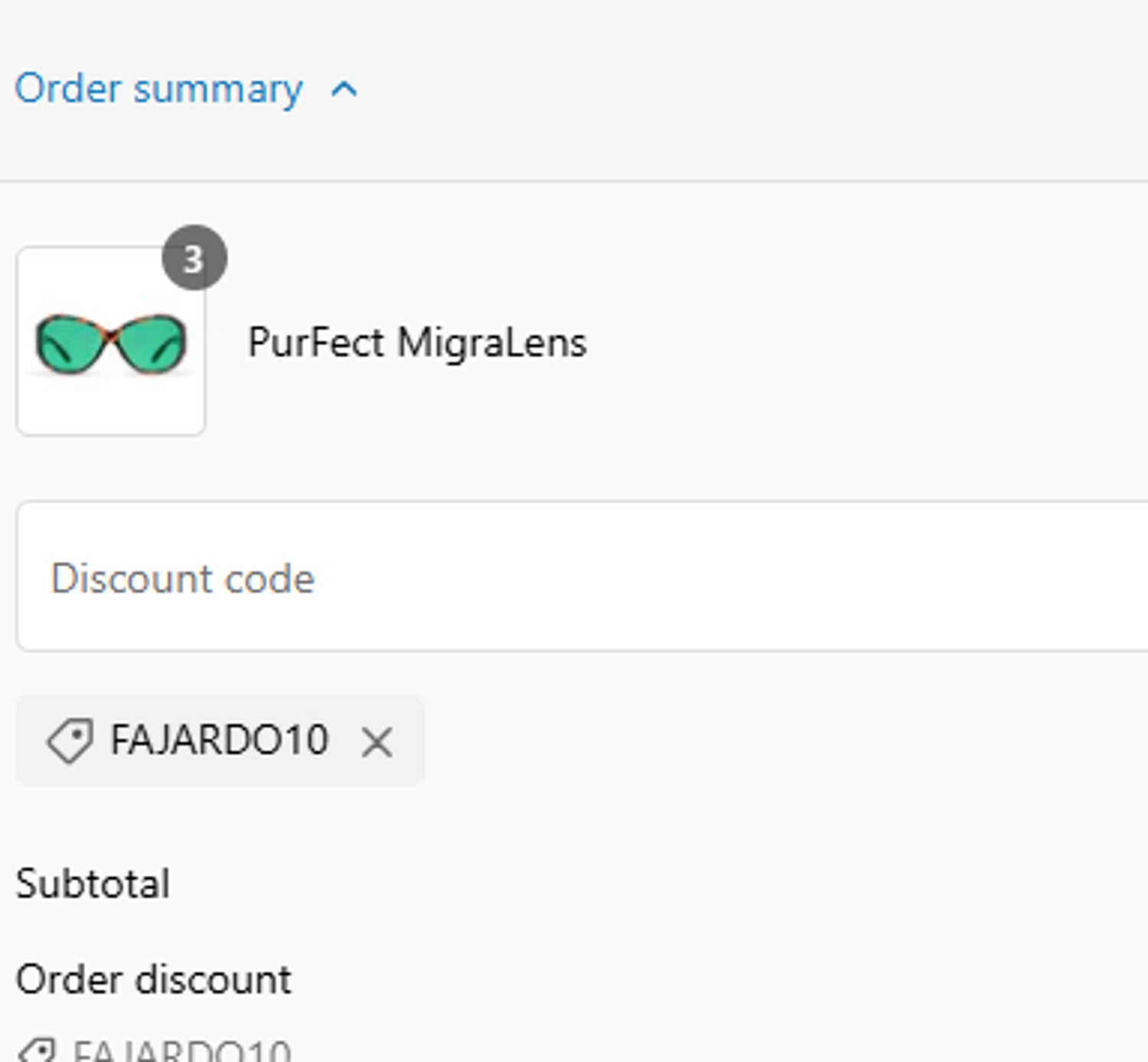 MigraLens promo code screenshot showing code FAJARDO10 applied at MigraLens checkout page. Uploaded by SimplyCodes community member CashCollector6189 on Jan 29, 2025
