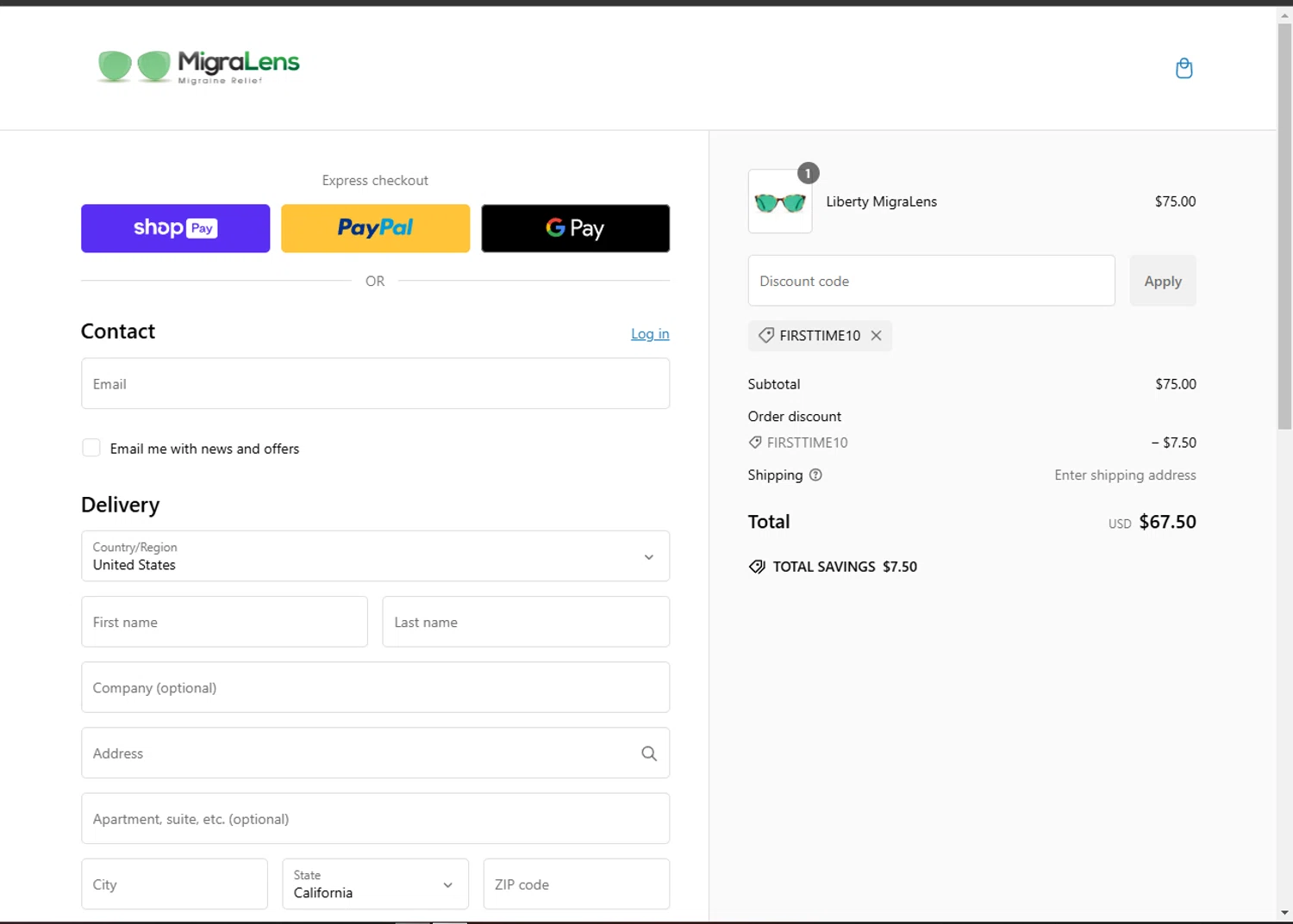 MigraLens promo code screenshot showing code FIRSTTIME10 applied at MigraLens checkout page. Uploaded by SimplyCodes community member Parangutirimicuaro on Jan 16, 2025