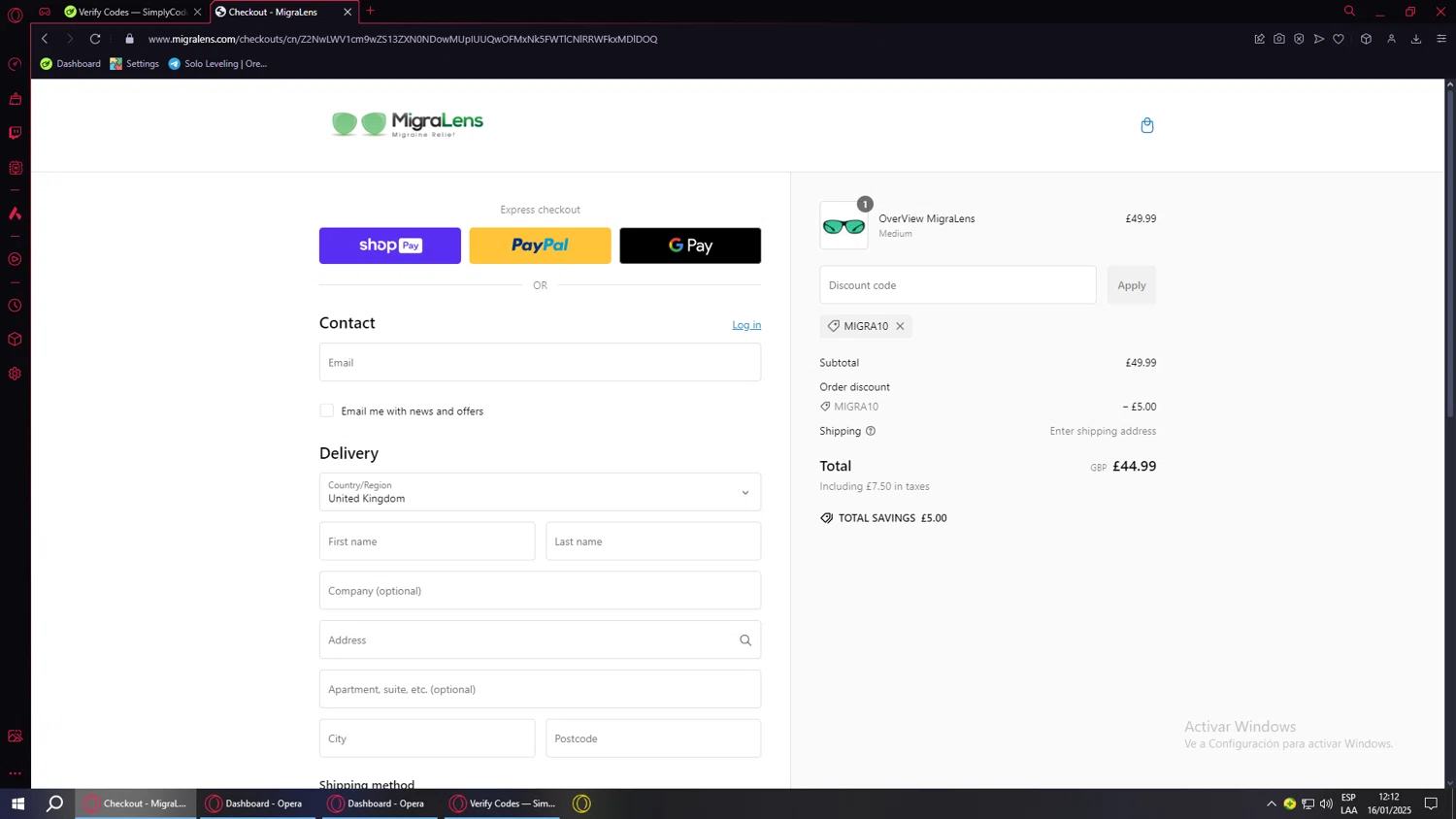 MigraLens promo code screenshot showing code MIGRA10 applied at MigraLens checkout page. Uploaded by SimplyCodes community member ValueWarden4201 on Jan 16, 2025