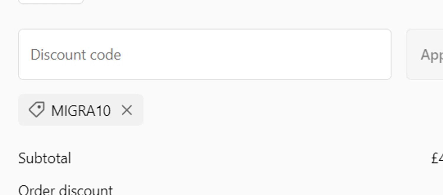 MigraLens promo code screenshot showing code MIGRA10 applied at MigraLens checkout page. Uploaded by SimplyCodes community member PromoMaestro7029 on Feb 18, 2025