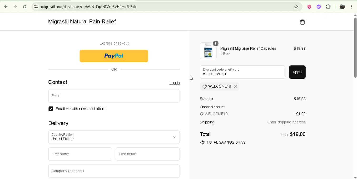 Migrastil promo code screenshot showing code WELCOME10 applied at Migrastil checkout page. Uploaded by SimplyCodes community member Jesusvasquezzz on Jul 31, 2025