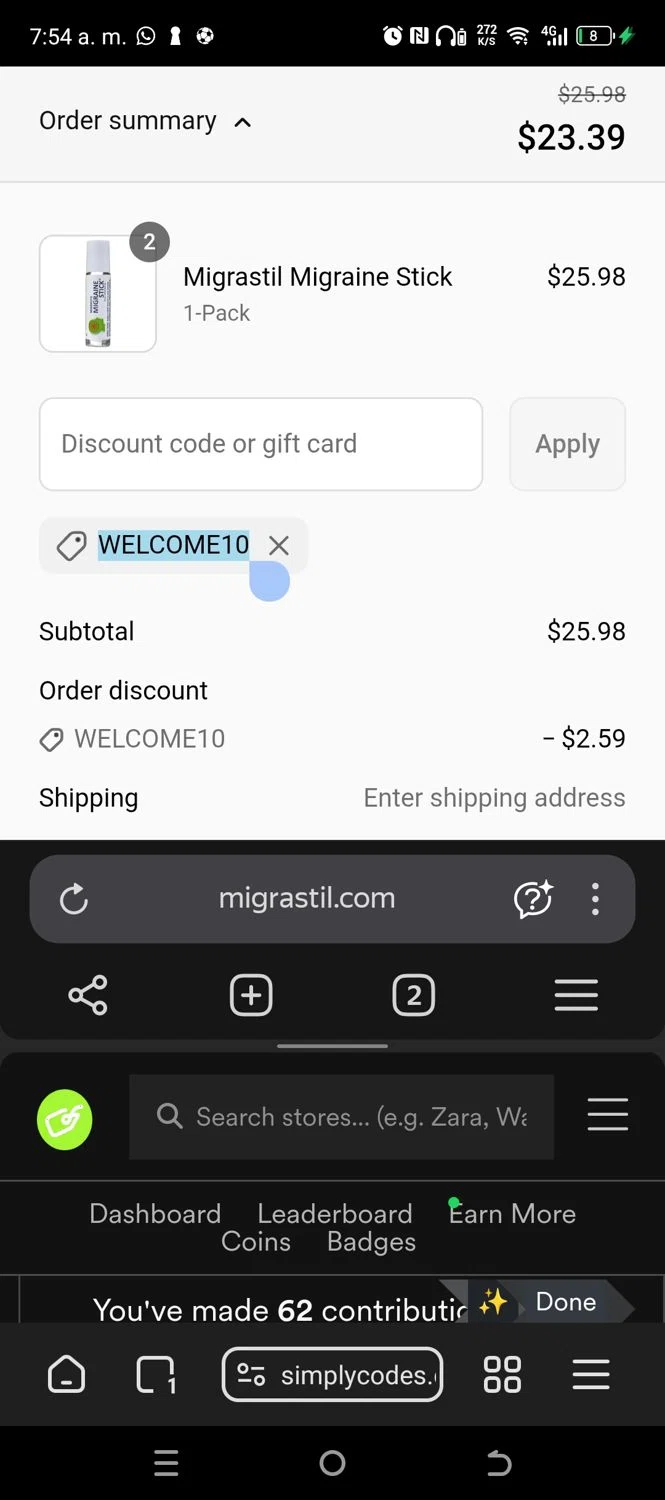 Migrastil promo code screenshot showing code WELCOME10 applied at Migrastil checkout page. Uploaded by SimplyCodes community member RoyalFinder1133 on Aug 30, 2025