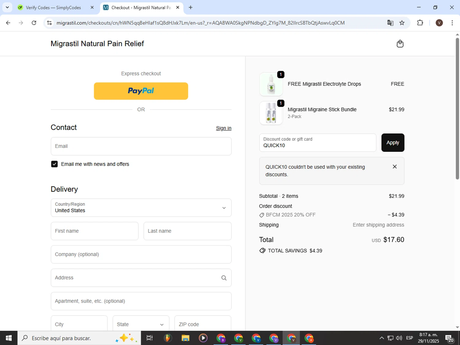 Migrastil promo code screenshot showing code QUICK10 applied at Migrastil checkout page. Uploaded by SimplyCodes community member CashLion3448 on Nov 29, 2025