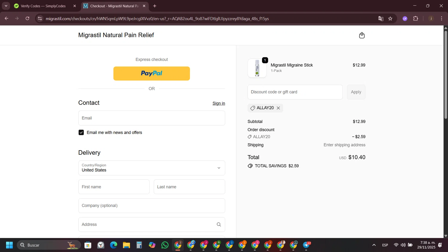 Migrastil promo code screenshot showing code ALLAY20 applied at Migrastil checkout page. Uploaded by SimplyCodes community member VictoriousVirtuoso7711 on Nov 29, 2025