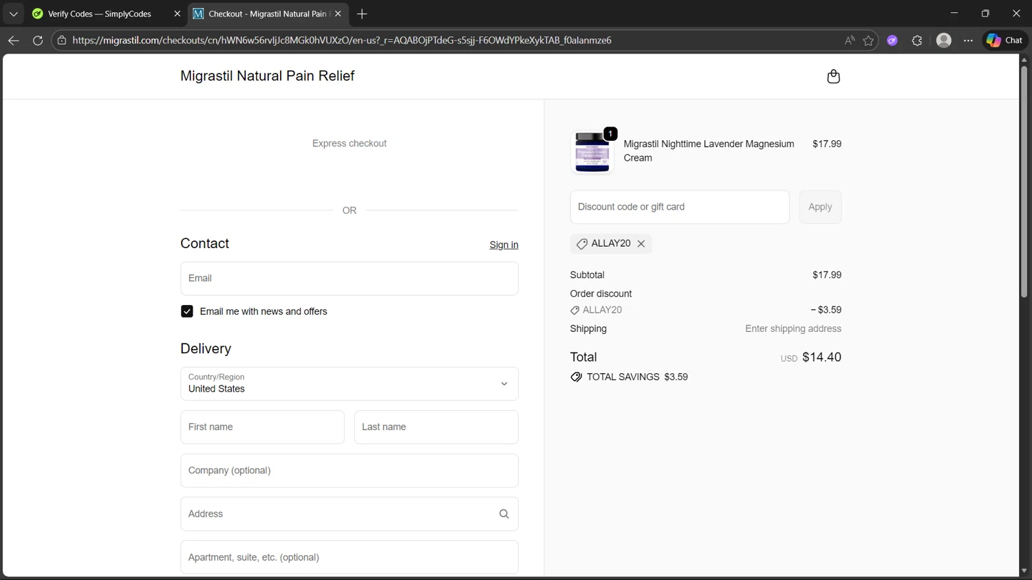Migrastil promo code screenshot showing code ALLAY20 applied at Migrastil checkout page. Uploaded by SimplyCodes community member steve_jeff on Dec 28, 2025