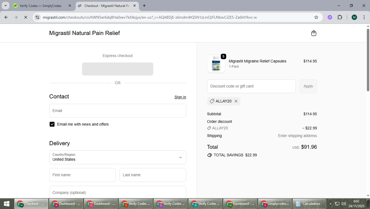 Migrastil promo code screenshot showing code ALLAY20 applied at Migrastil checkout page. Uploaded by SimplyCodes community member suieeloves on Nov 24, 2025