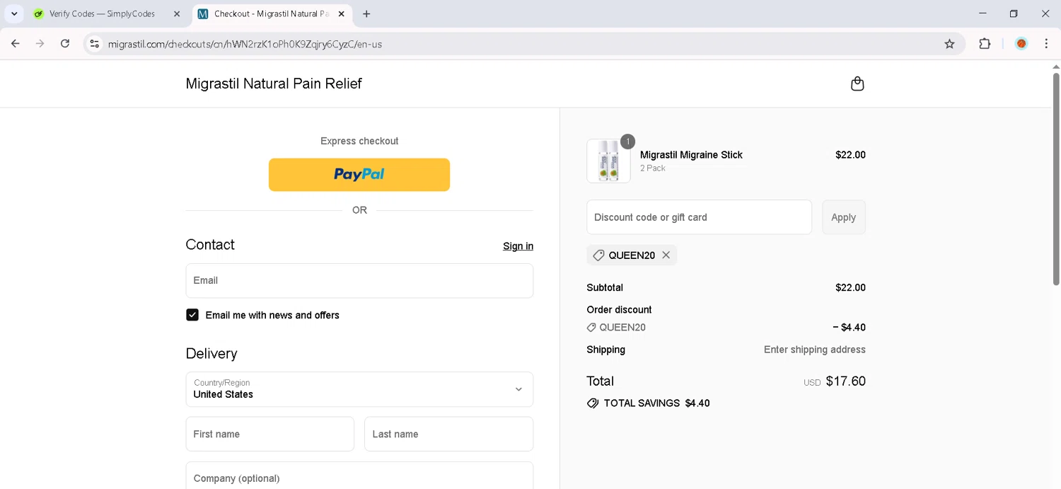 Migrastil promo code screenshot showing code QUEEN20 applied at Migrastil checkout page. Uploaded by SimplyCodes community member RoyalMaverick7546 on Sep 11, 2025