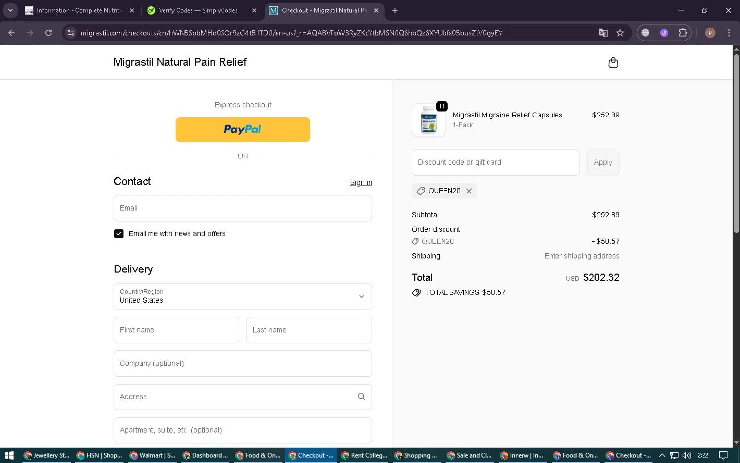 Migrastil promo code screenshot showing code QUEEN20 applied at Migrastil checkout page. Uploaded by SimplyCodes community member RoyalSleuth6331 on Nov 19, 2025
