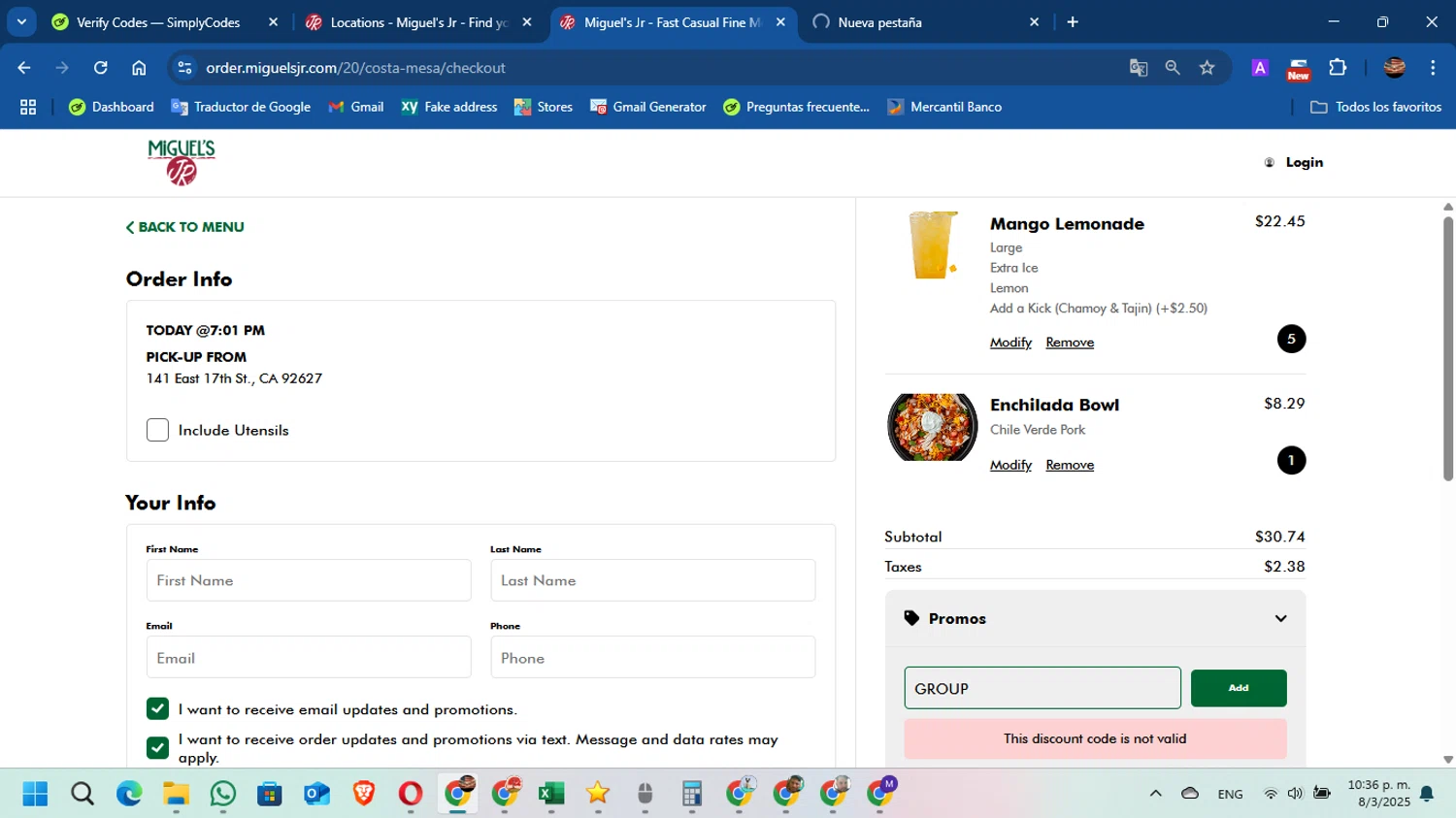 Miguel's Jr promo code screenshot showing code GROUP applied at Miguel's Jr checkout page. Uploaded by SimplyCodes community member DavidMGF on Mar 9, 2025