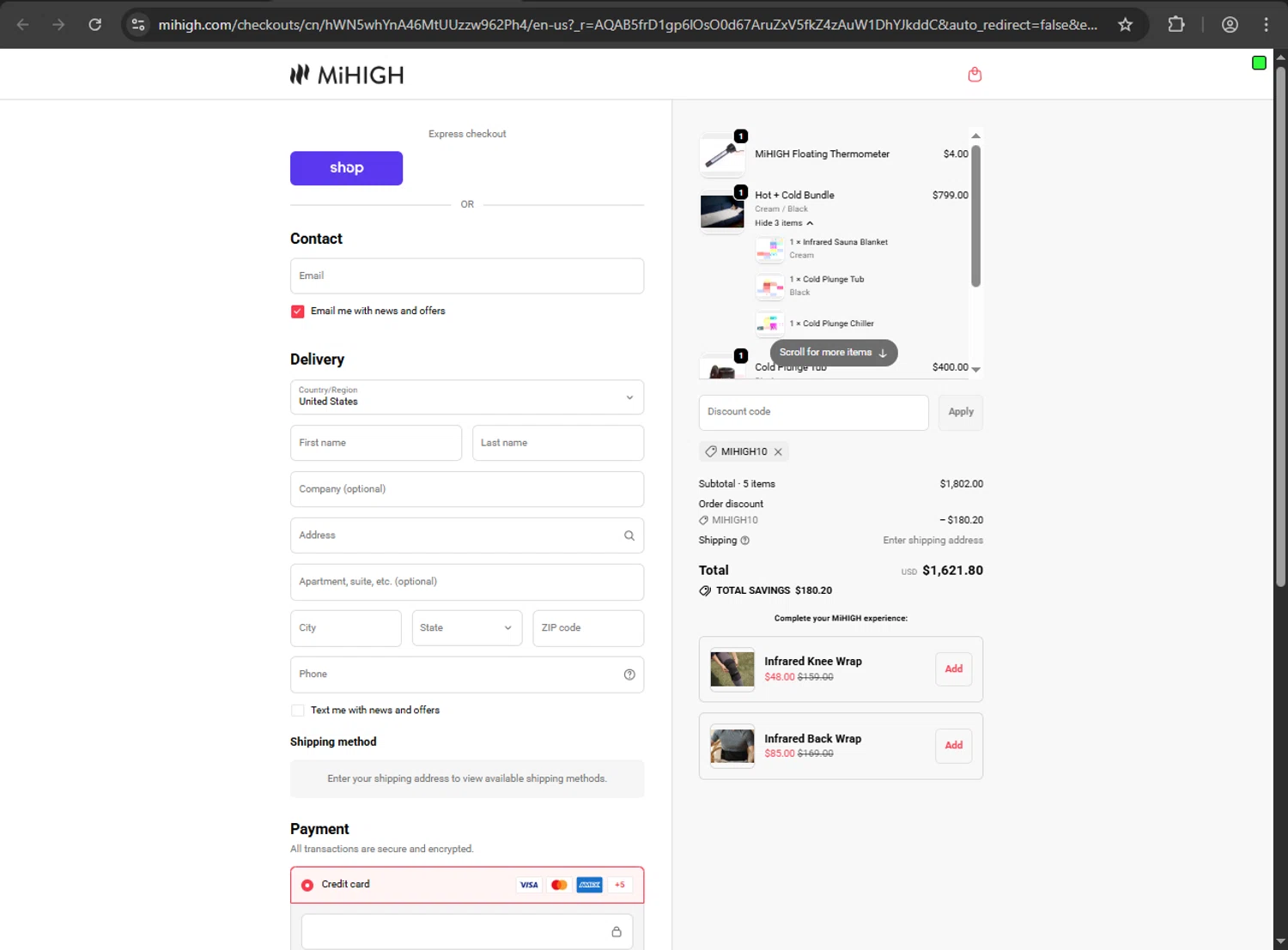 MiHigh discount code screenshot showing code MIHIGH10 applied at MiHigh checkout page. Uploaded by SimplyCodes community member gokuyvegetta on Dec 2, 2025