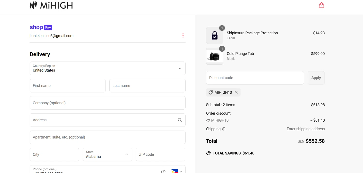 MiHigh discount code screenshot showing code MIHIGH10 applied at MiHigh checkout page. Uploaded by SimplyCodes community member Lioniel on Apr 30, 2025