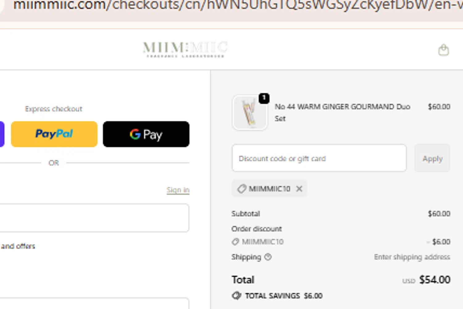 MiimMiic Fragrance Labs promo code screenshot showing code MIIMMIIC10 applied at MiimMiic Fragrance Labs checkout page. Uploaded by SimplyCodes community member BudgetLion5814 on Nov 20, 2025