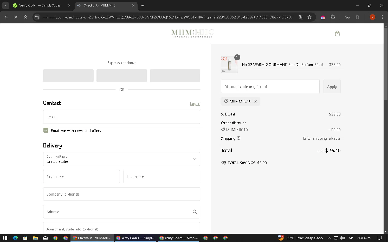 MiimMiic Fragrance Labs promo code screenshot showing code MIIMMIIC10 applied at MiimMiic Fragrance Labs checkout page. Uploaded by SimplyCodes community member ExtraordinaryVirtuoso6801 on Feb 8, 2025
