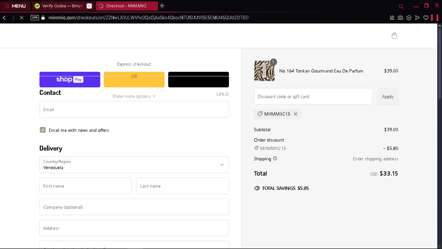 MiimMiic Fragrance Labs promo code screenshot showing code MIIMMIIC15 applied at MiimMiic Fragrance Labs checkout page. Uploaded by SimplyCodes community member Matrixx on Feb 4, 2025
