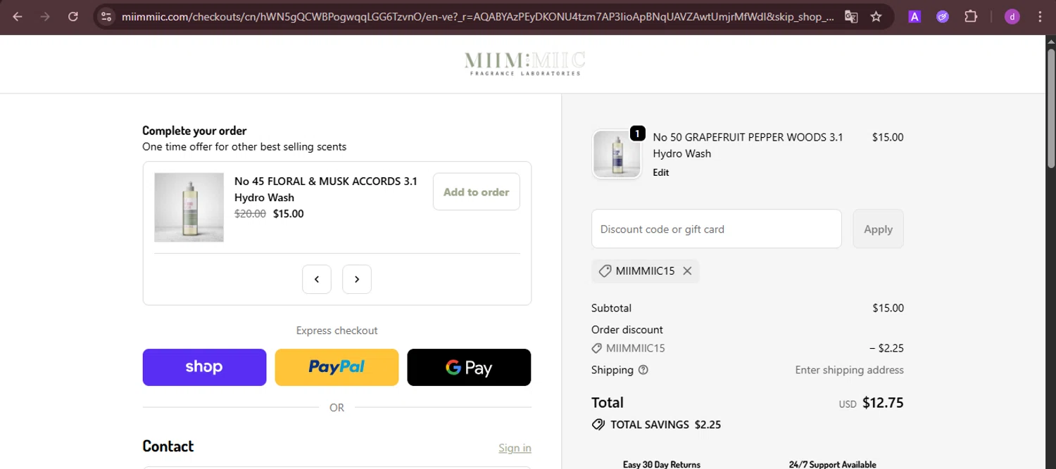 MiimMiic Fragrance Labs promo code screenshot showing code MIIMMIIC15 applied at MiimMiic Fragrance Labs checkout page. Uploaded by SimplyCodes community member PennyTiger4891 on Nov 25, 2025