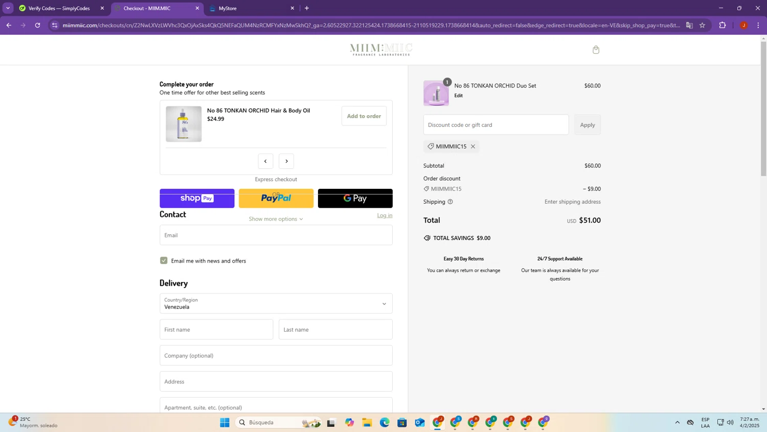 MiimMiic Fragrance Labs promo code screenshot showing code MIIMMIIC15 applied at MiimMiic Fragrance Labs checkout page. Uploaded by SimplyCodes community member SalvadorC on Feb 4, 2025