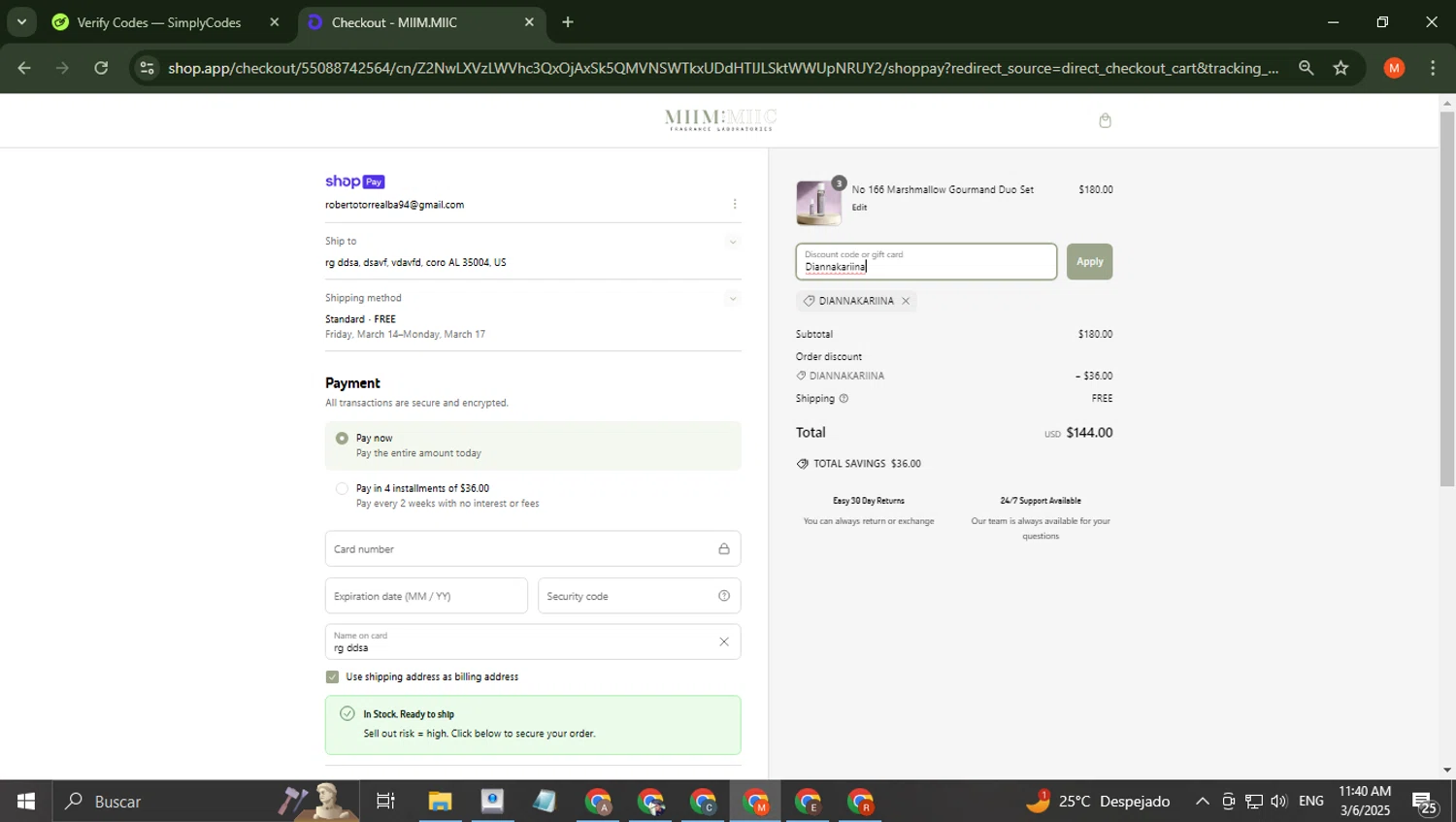 MiimMiic Fragrance Labs promo code screenshot showing code Diannakariina applied at MiimMiic Fragrance Labs checkout page. Uploaded by SimplyCodes community member BrilliantTiger6187 on Mar 6, 2025