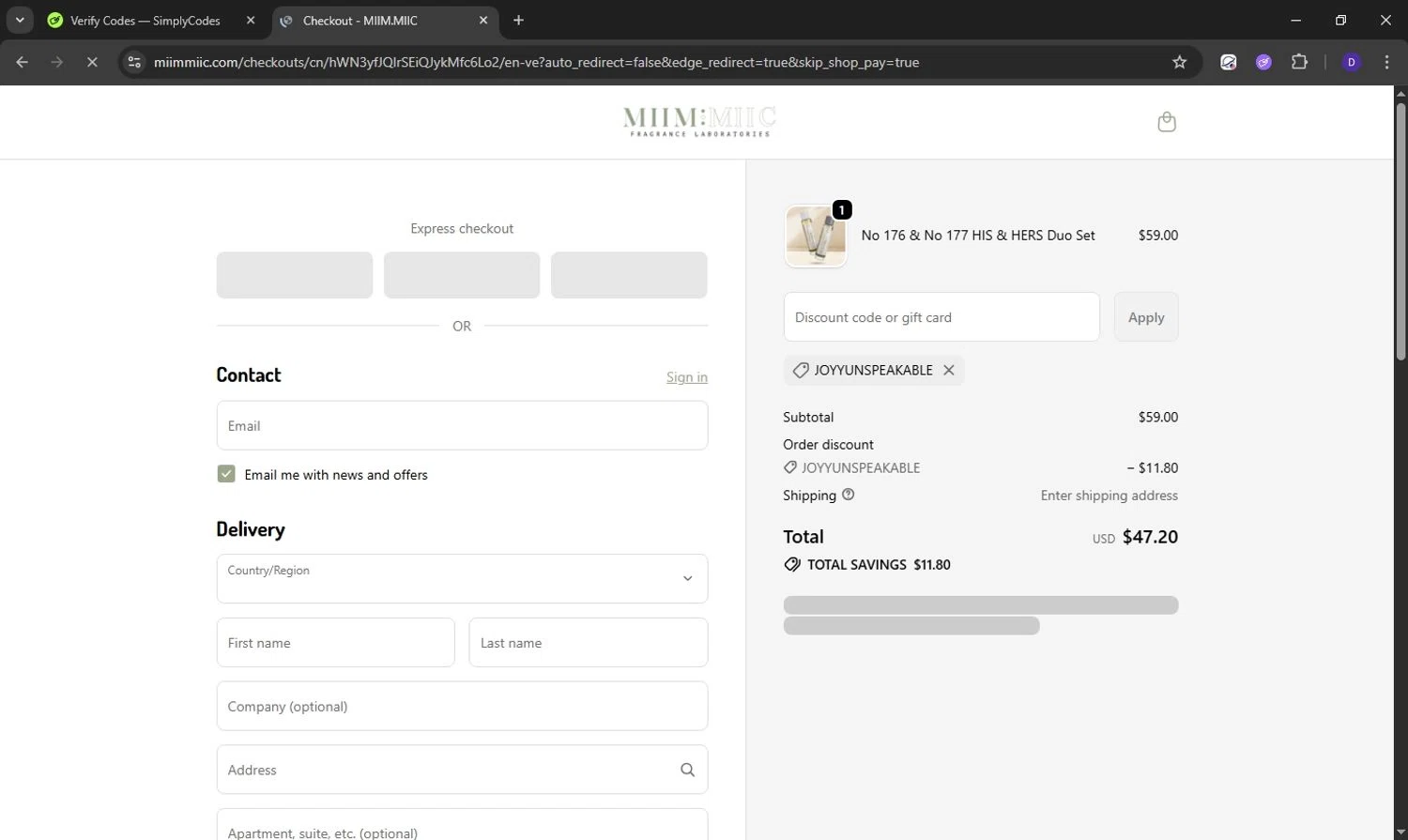 MiimMiic Fragrance Labs promo code screenshot showing code JOYYUNSPEAKABLE applied at MiimMiic Fragrance Labs checkout page. Uploaded by SimplyCodes community member Obito6245825041527 on Oct 11, 2025