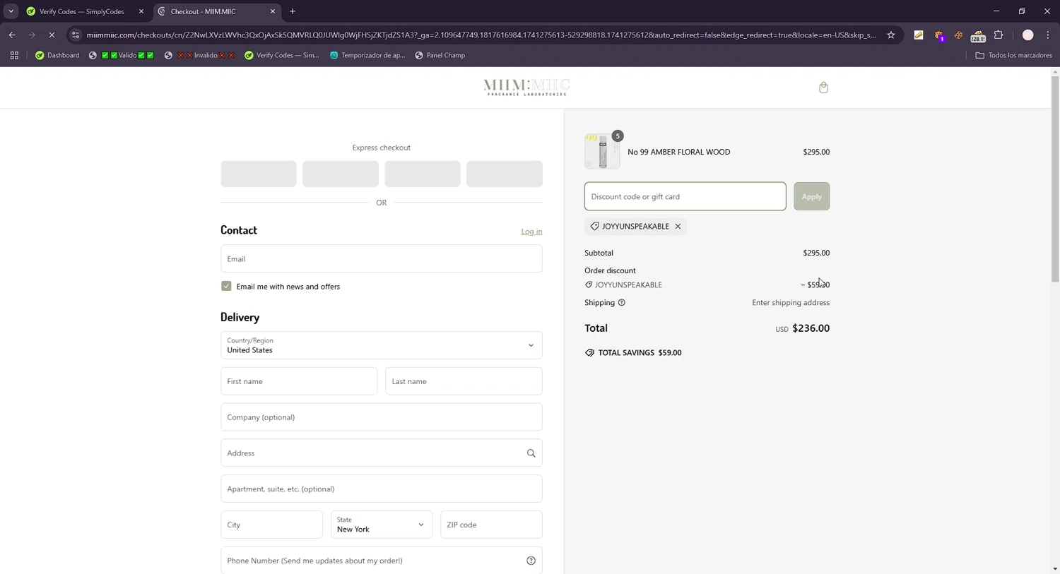MiimMiic Fragrance Labs promo code screenshot showing code JOYYUNSPEAKABLE applied at MiimMiic Fragrance Labs checkout page. Uploaded by SimplyCodes community member connyshan2154 on Mar 6, 2025