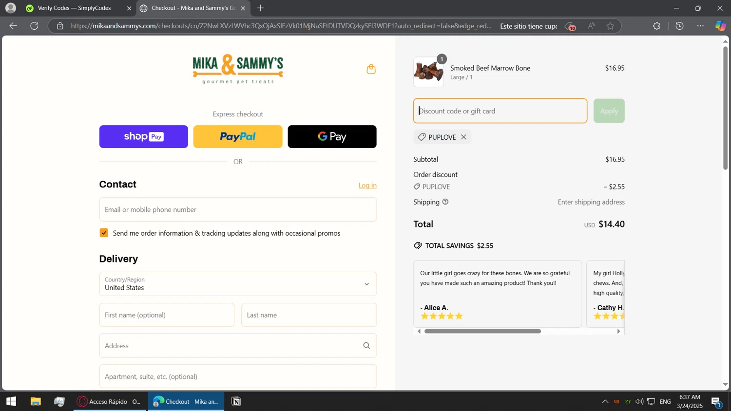 Mika and Sammy’s discount code screenshot showing code PUPLOVE applied at Mika and Sammy’s checkout page. Uploaded by SimplyCodes community member BorgeZzz on Mar 24, 2025