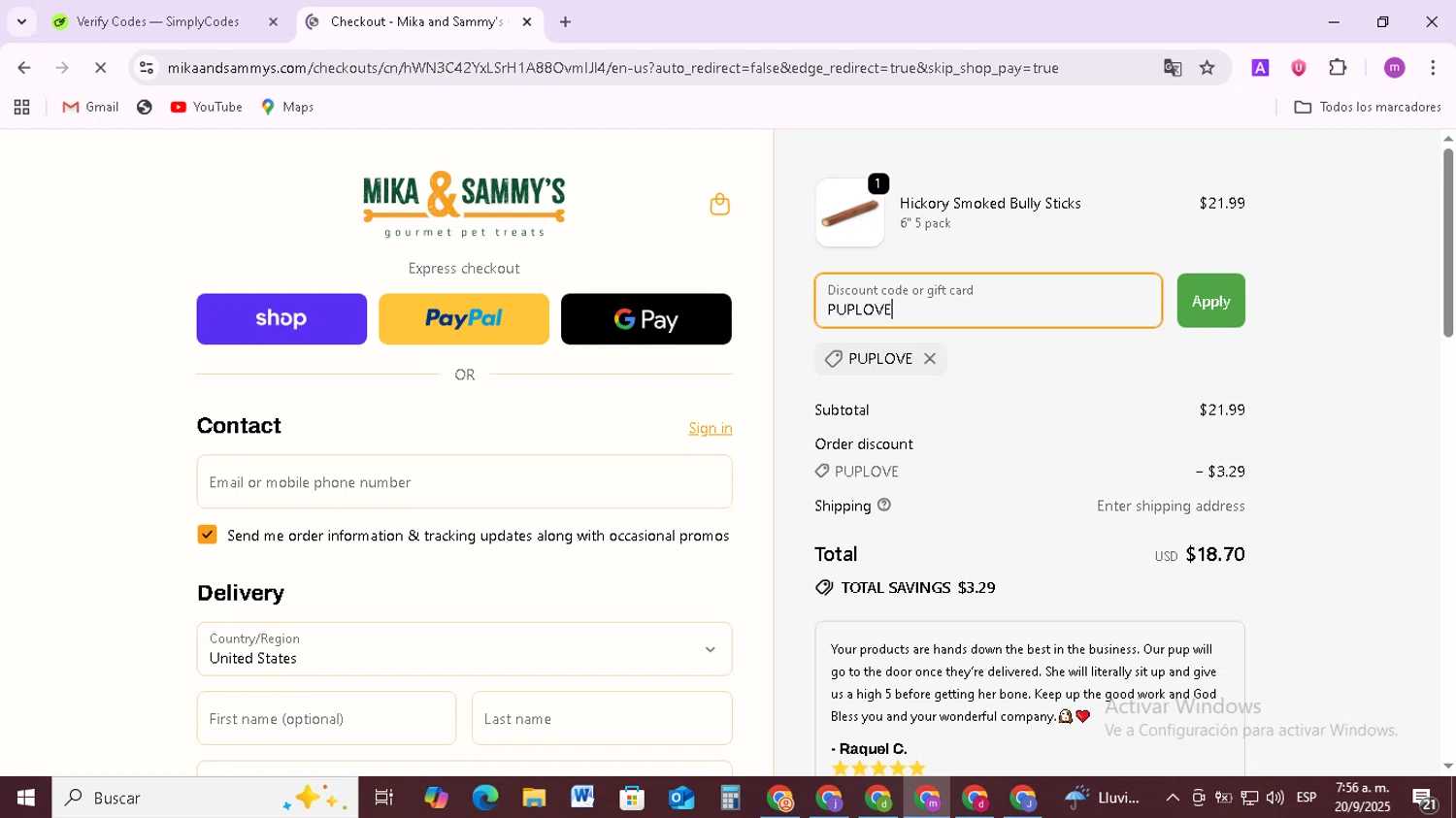 Mika and Sammy’s discount code screenshot showing code PUPLOVE applied at Mika and Sammy’s checkout page. Uploaded by SimplyCodes community member BudgetMonarch8952 on Sep 20, 2025