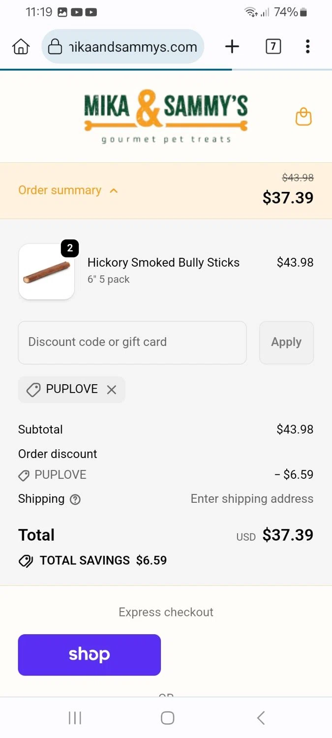 Mika and Sammy’s discount code screenshot showing code PUPLOVE applied at Mika and Sammy’s checkout page. Uploaded by SimplyCodes community member ScanMaverick9378 on Oct 6, 2025