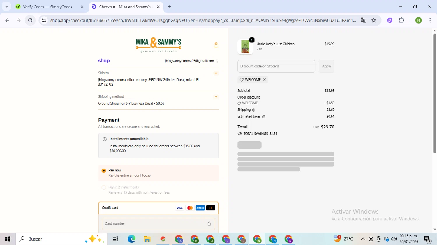 Mika and Sammy’s checkout page showing Mika and Sammy’s discount code box | Screenshot taken by SimplyCodes community member on Jan 31, 2026